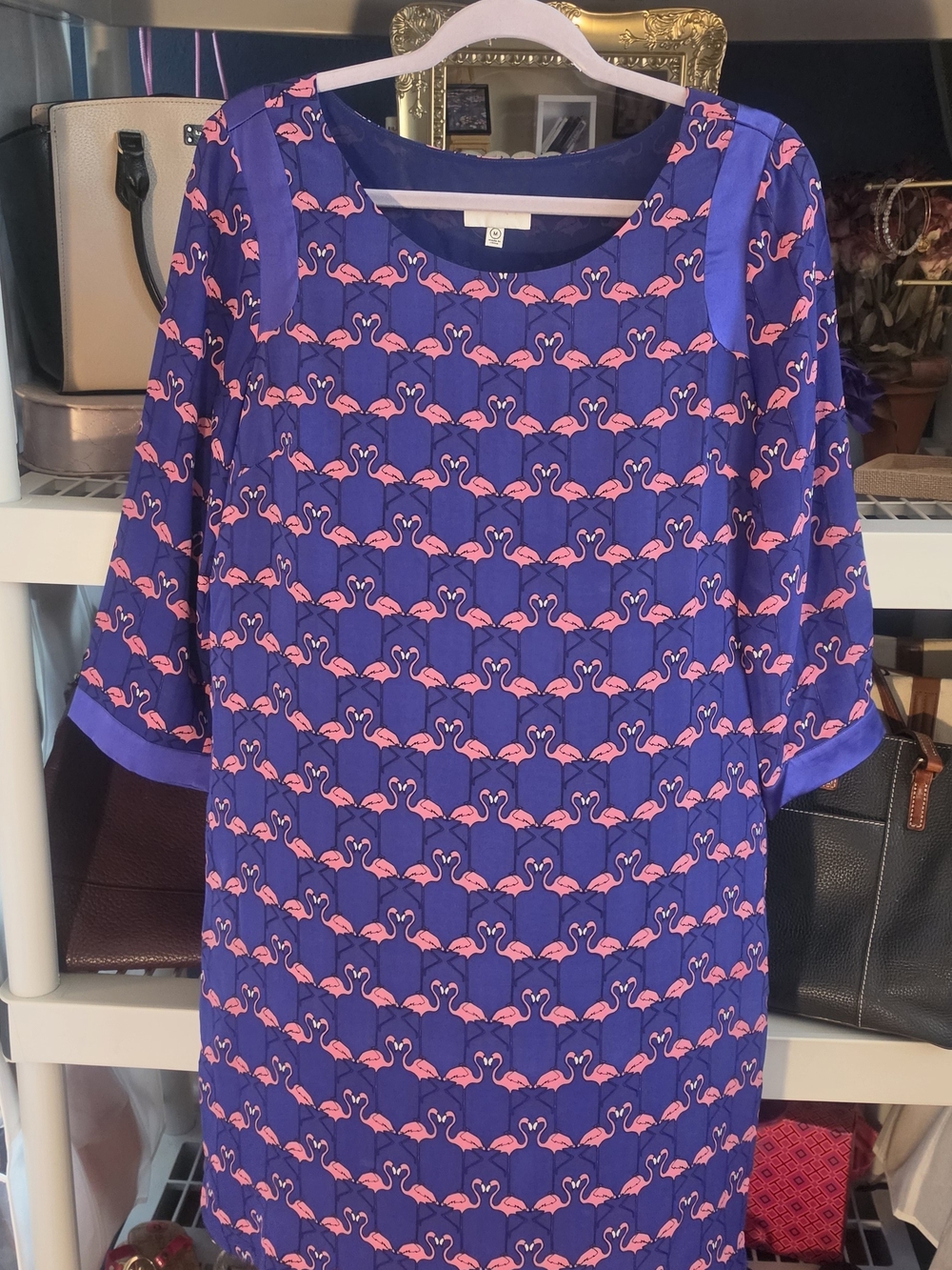 Harlyn 100% Silk Blue Midi Dress with Pink Flamingo Print
